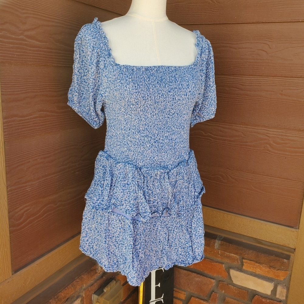 Japna Blue Floral Tiered Mini Dress Size Medium 100% Rayon